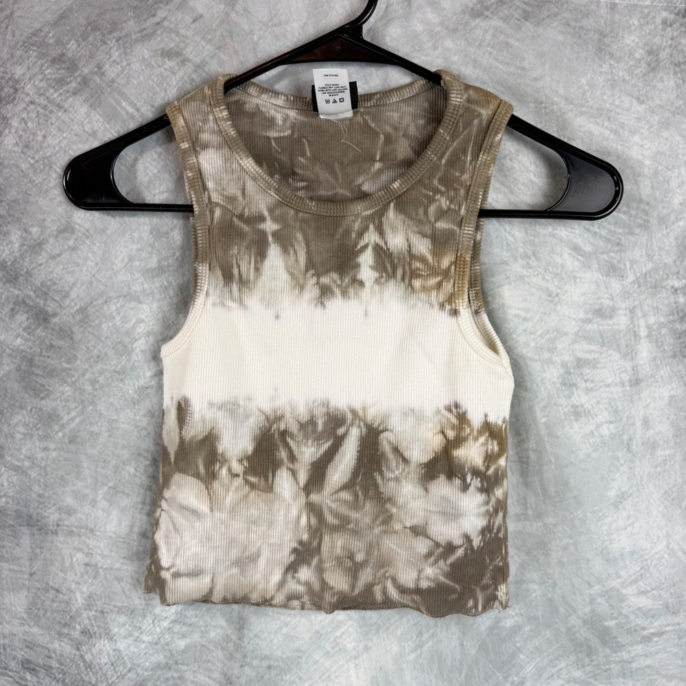 Y2K Womens Small Tie Dye Ribbed Crop Tank Top Brown White Cotton Made in USA